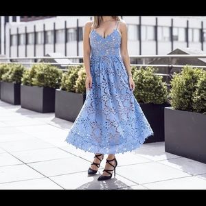 H&M blue lace crochet lined midi dress size 4